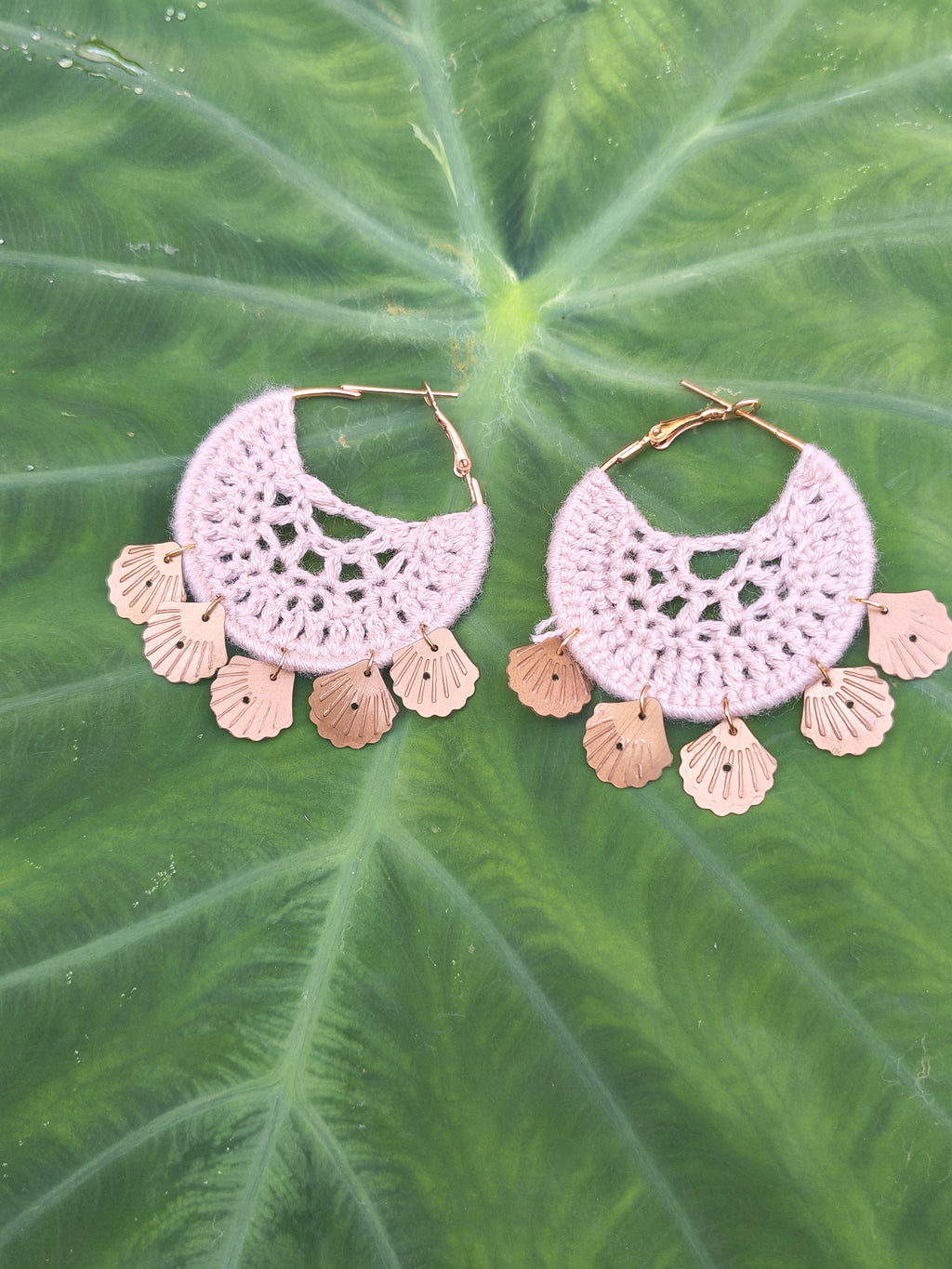 Handmade crochet hoop earrings with shell embellishments