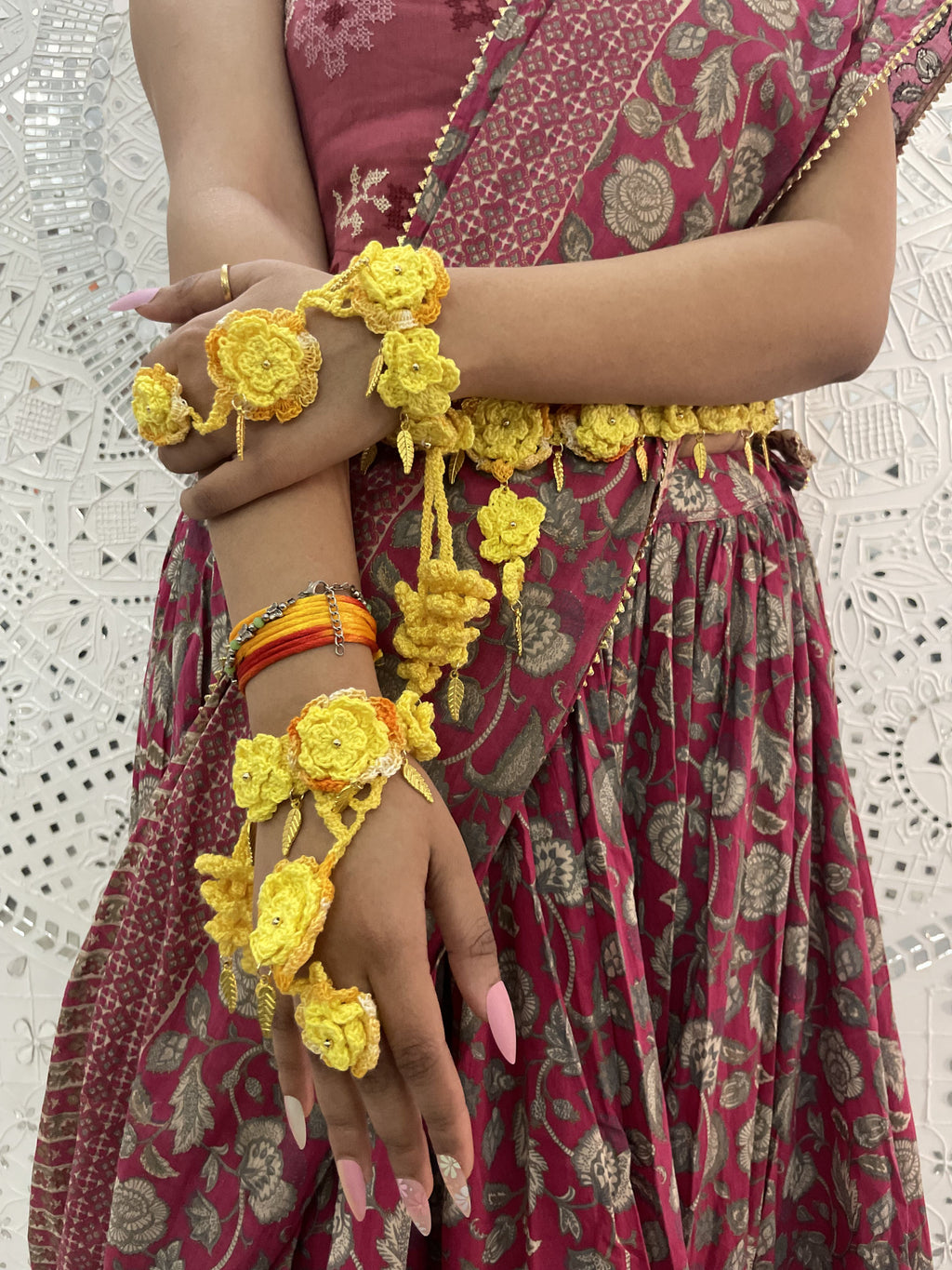 Crochet Hathphool (Crochet bracelets) and Crochet Kamarbandh (Crochet Waistband) for Haldi function