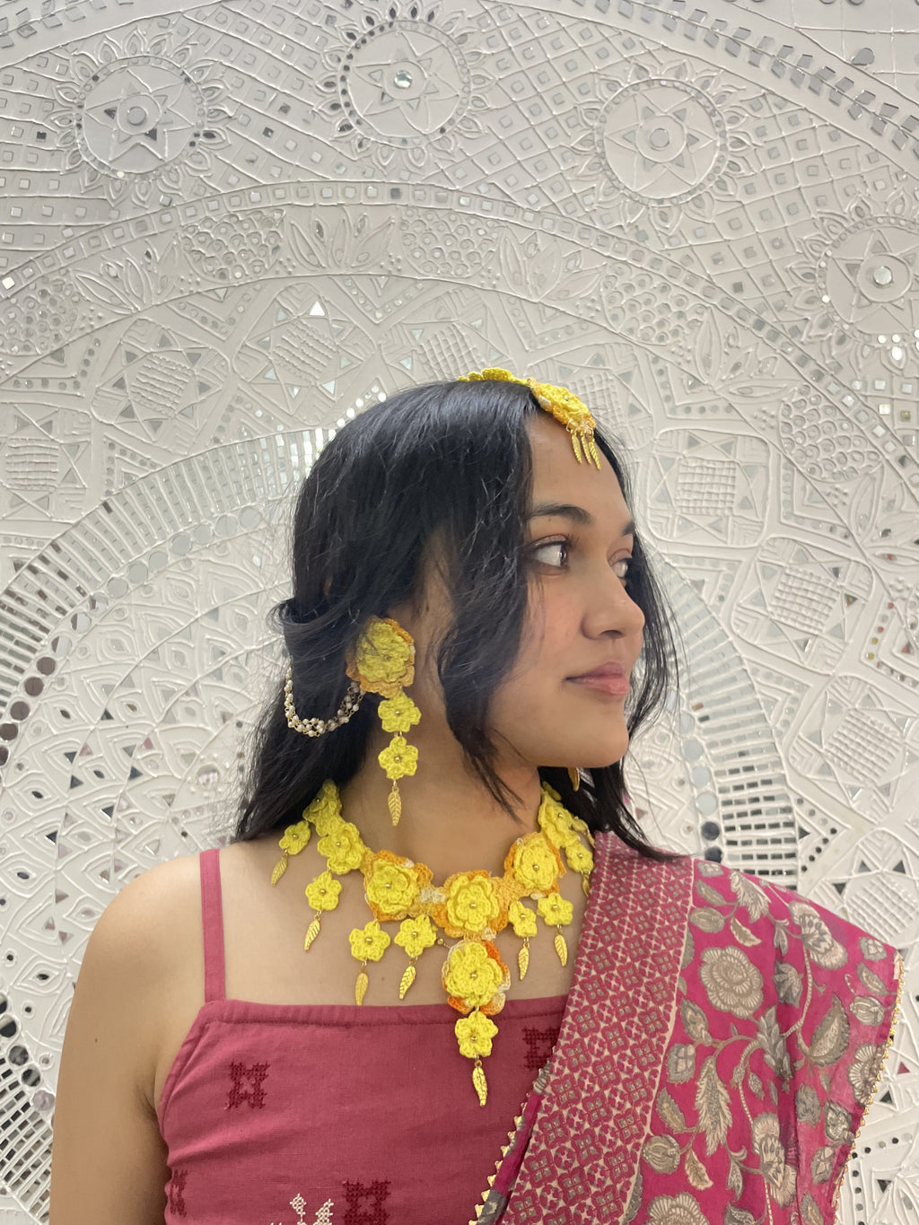 Handmade crochet bridal haldi floral jewelry set for Indian brides