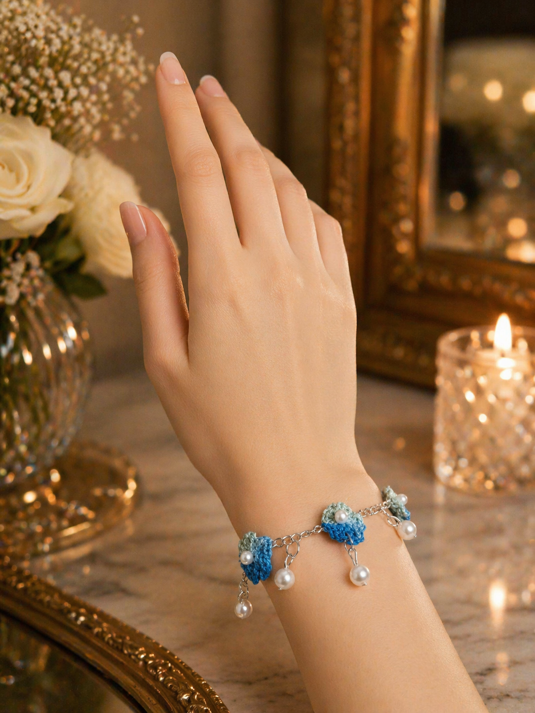 Blue Crochet Charm Bracelet with Pearl Details