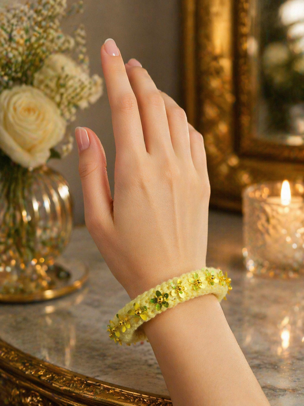 Yellow floral crochet bangle bracelet with bead detailing