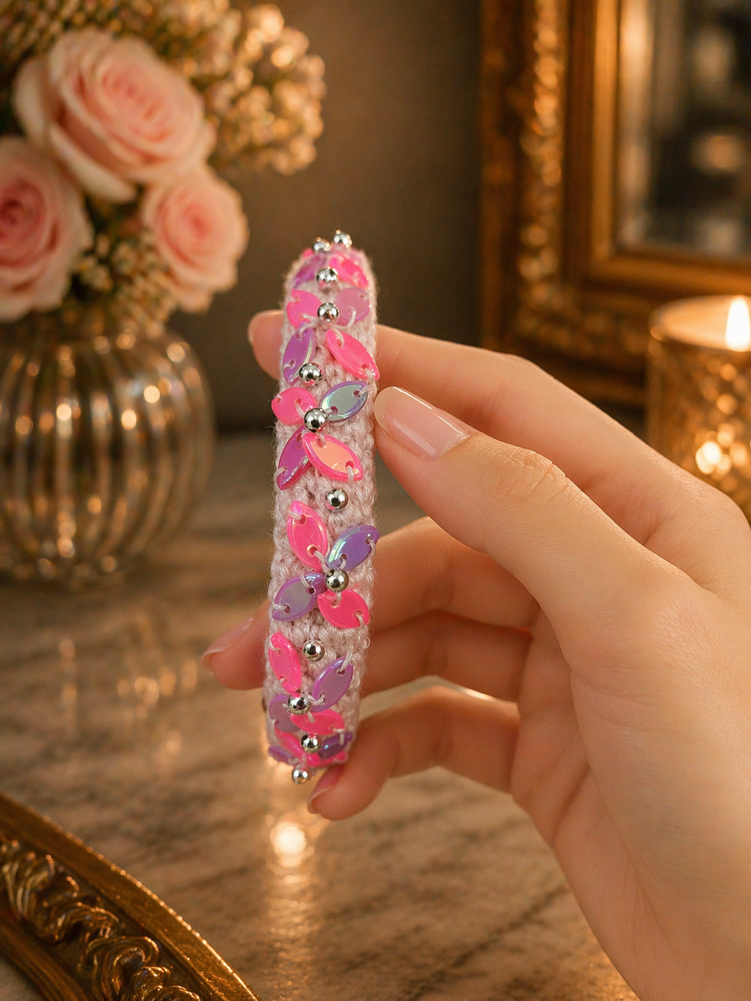Close up of pink crochet bangle bracelet showing bead embellishments