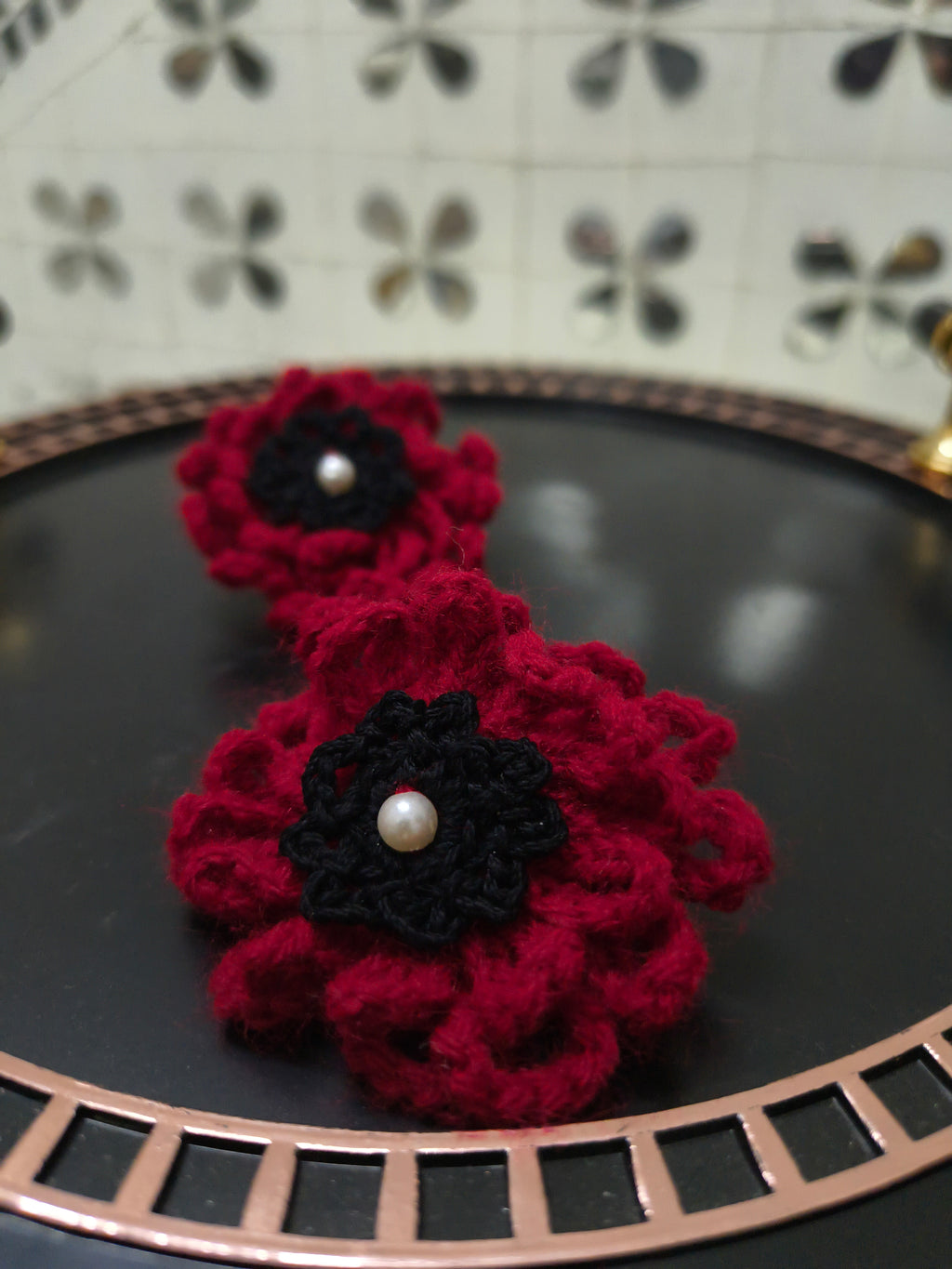 Handmade crochet earrings India scarlet bloom studs