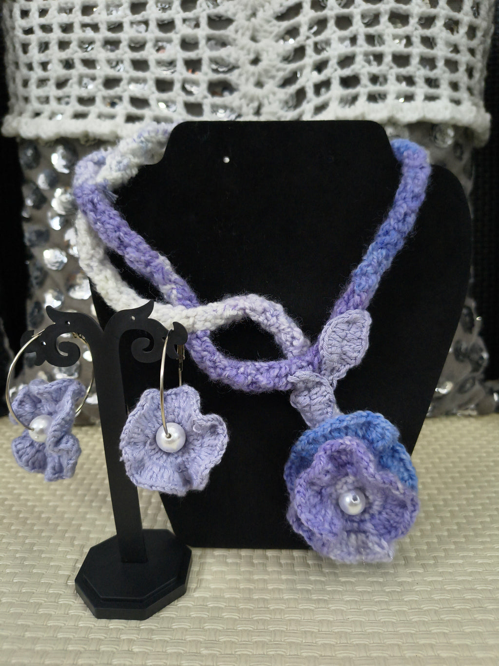 Periwinkle crochet floral necklace set with earrings for women