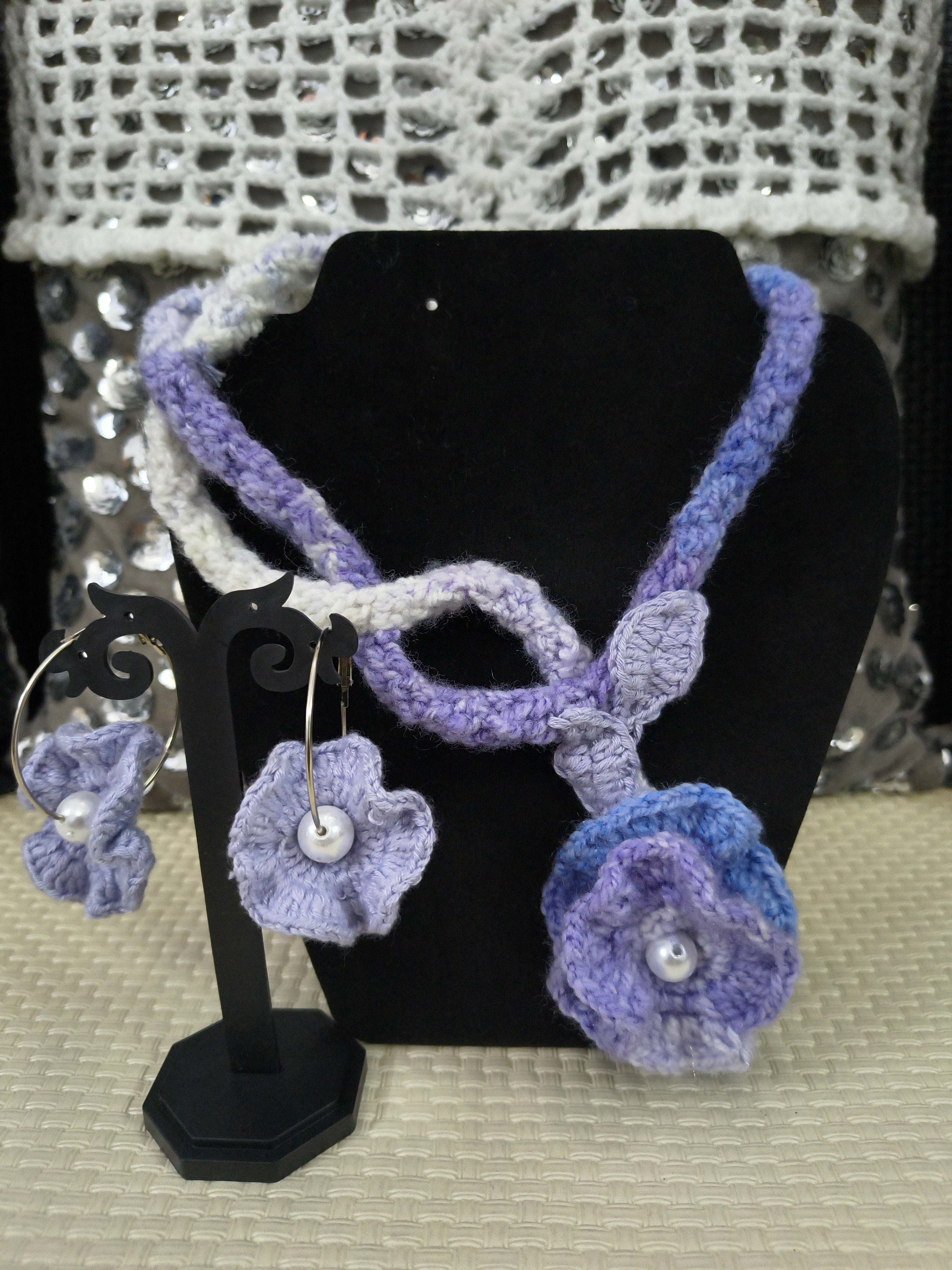 Periwinkle crochet floral necklace set with earrings for women