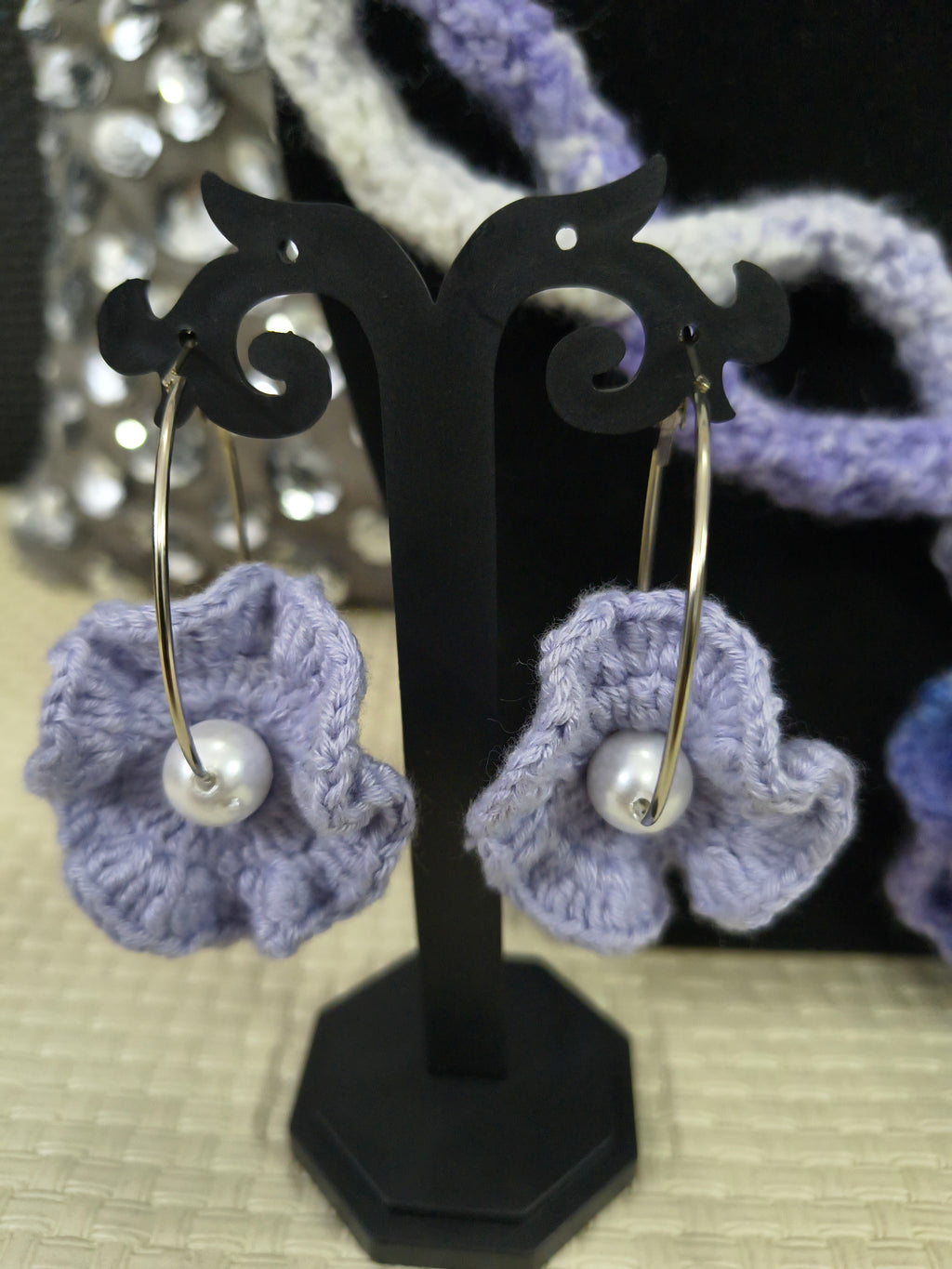 Periwinkle crochet flower earrings with pearl detail on hoops