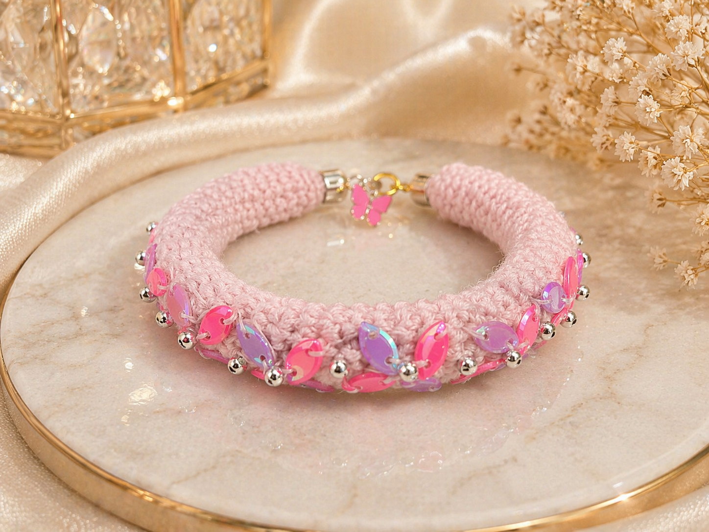 Pink floral crochet bangle bracelet with bead detailing