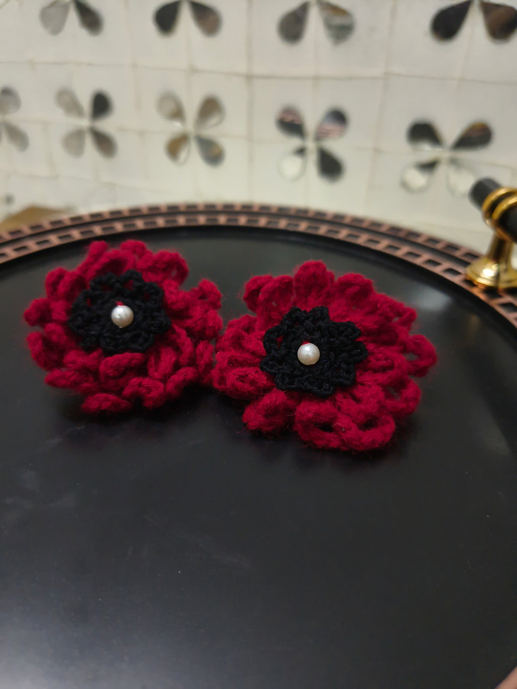 Red floral crochet stud earrings lightweight for everyday wear