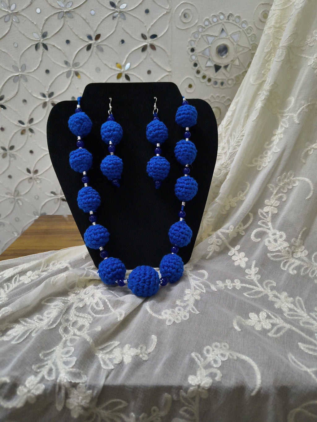 Royal Tide blue crochet beaded necklace set with matching earrings