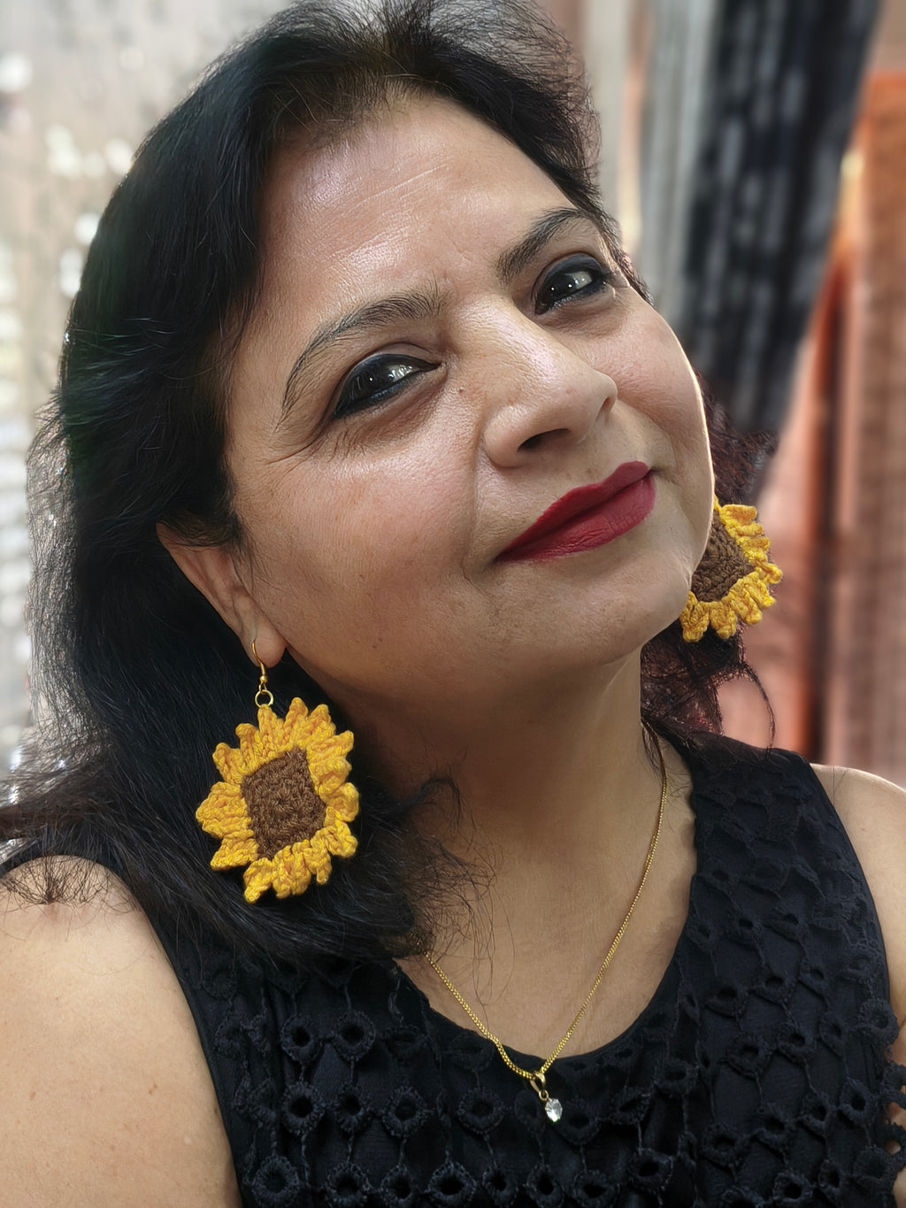 Crochet drop earrings India lightweight sunflower design