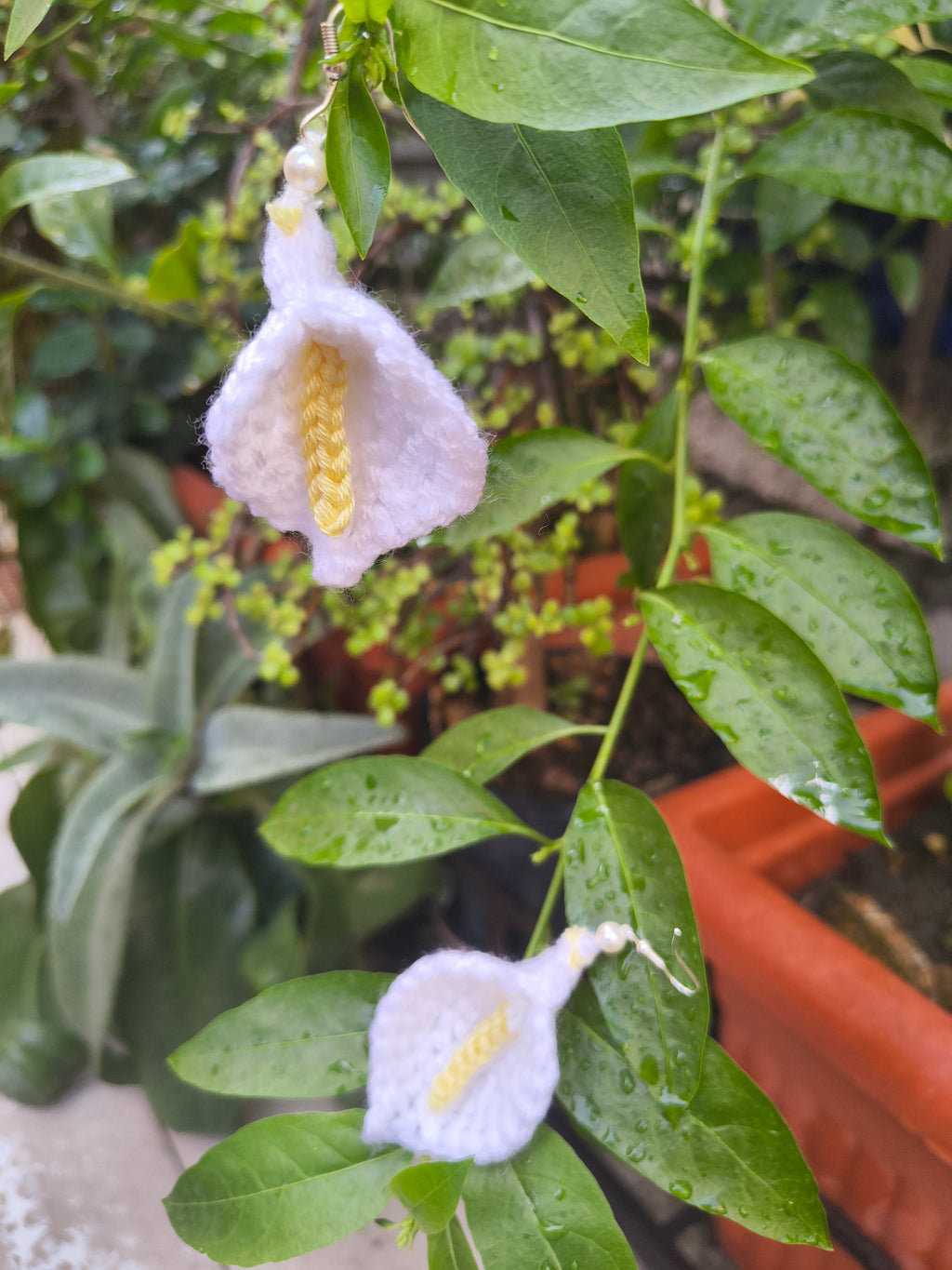 Handmade crochet earrings India peace lily flower inspired design