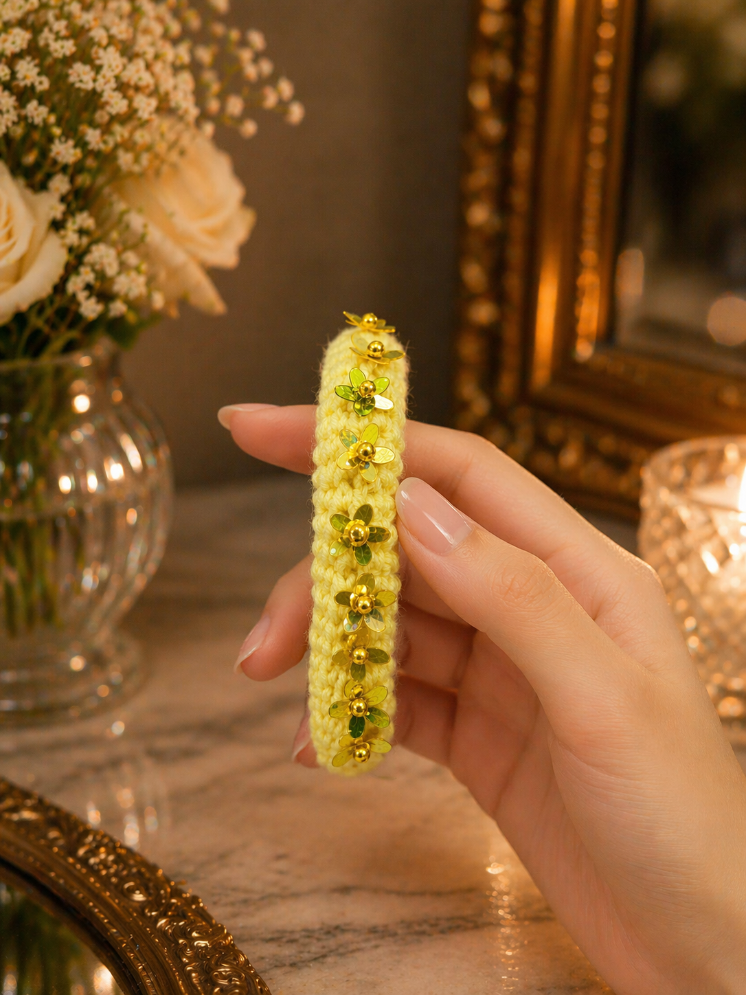 Yellow floral crochet beaded bangle bracelet  